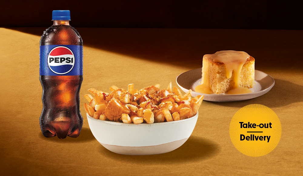 Pepsi bottle, poutine and cake