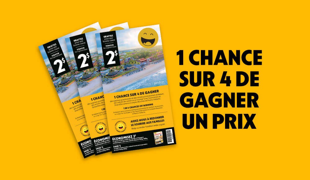 Cartes à gratter et mention d'une chance sur 3 de gagner un prix!